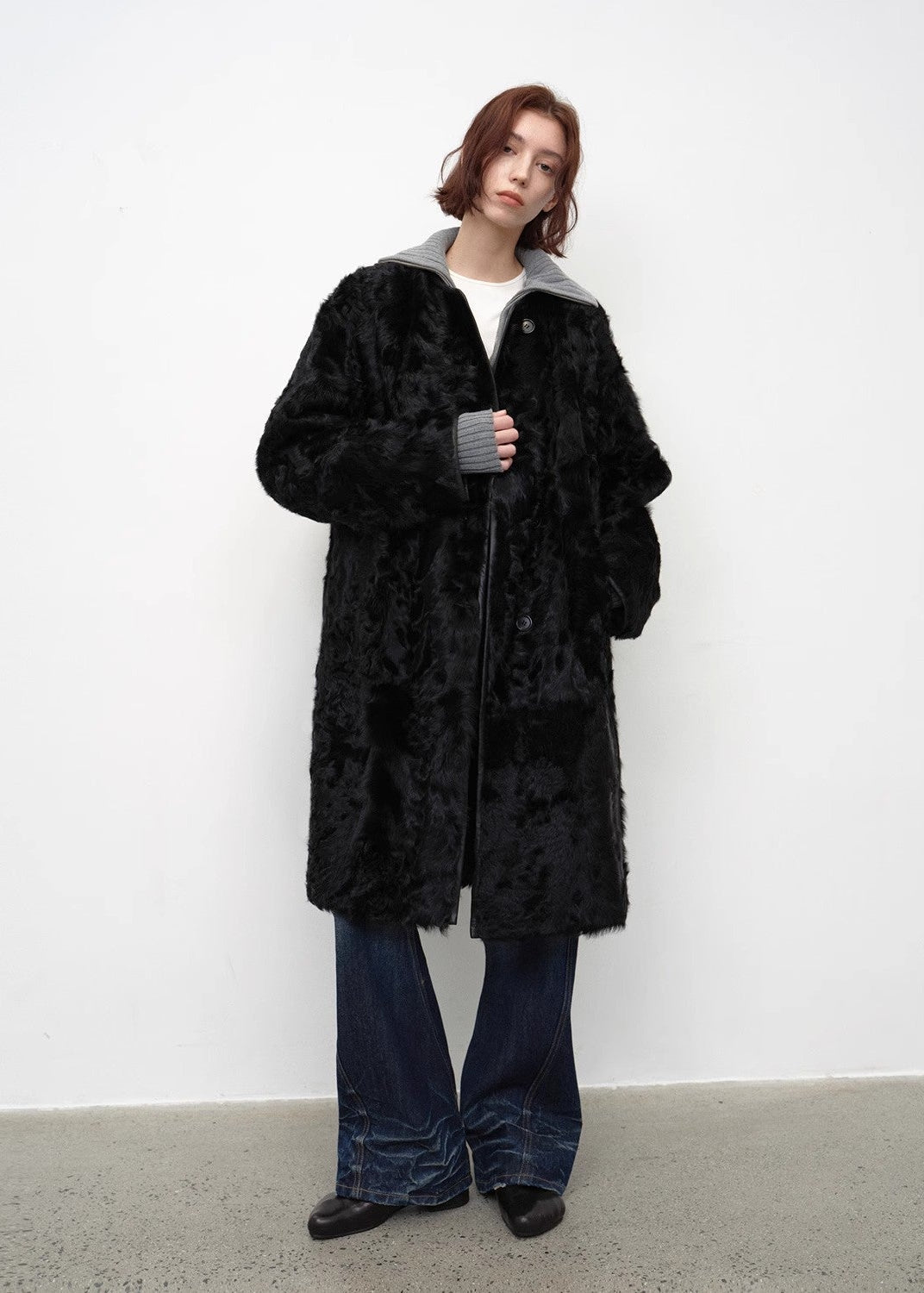 "Roman Theater" sheepskin fur one-piece long round neck straight fur coat for women winter-0
