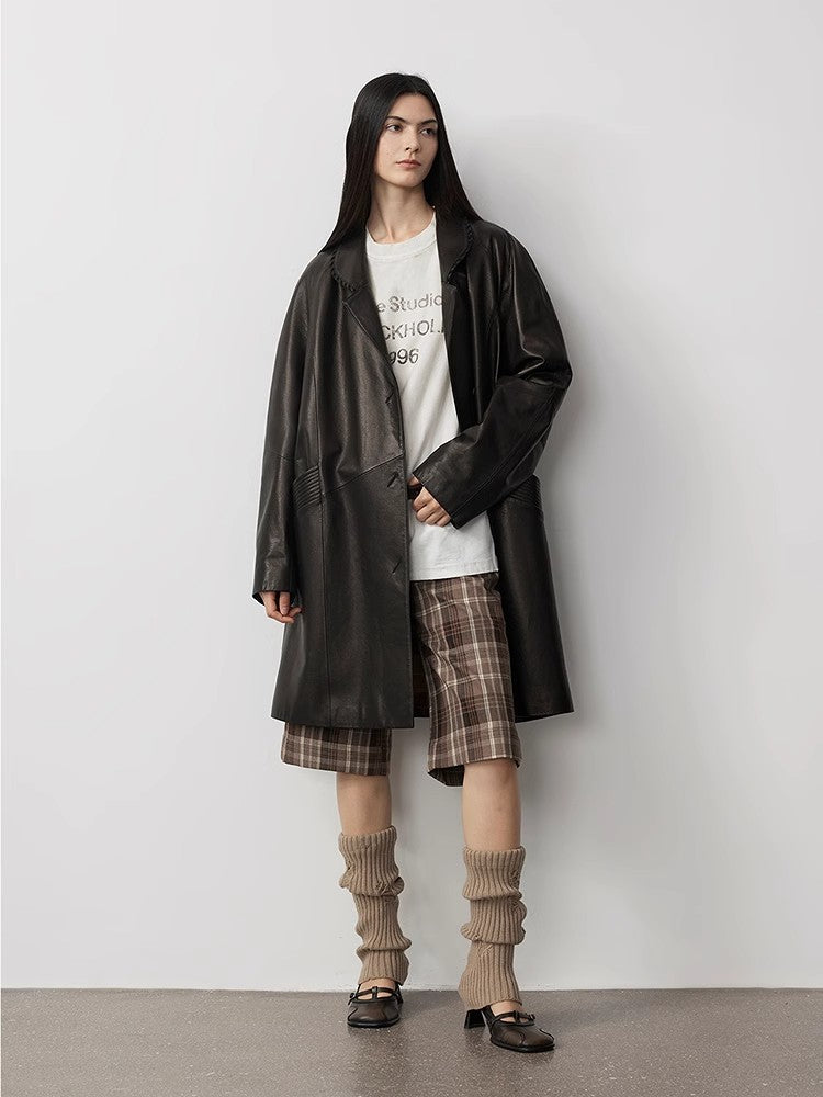 Sonorous Rose vintage imported oil waxed goatskin long trench coat-3