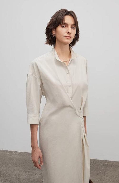 "Origami Narrative" Stand Collar Wrap Dress Women's Mid Sleeve Shirt Dress Long Dress-1