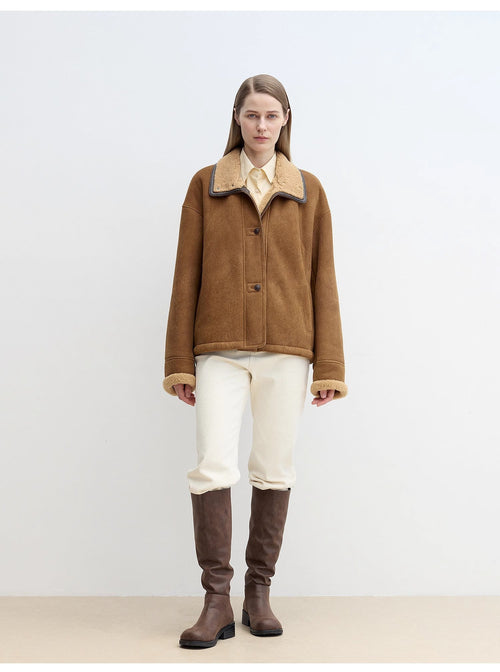 "Knight's Contract" Merino wool sheepskin coat with fur-faced stand-up collar-0