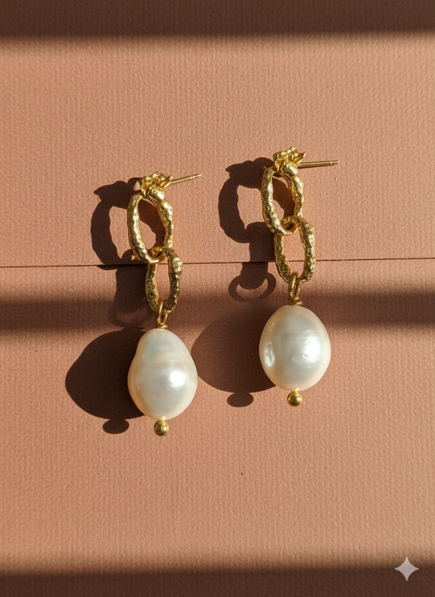 Gold Sandy Textured Chunky Chain Pearl Drop Earrings-3