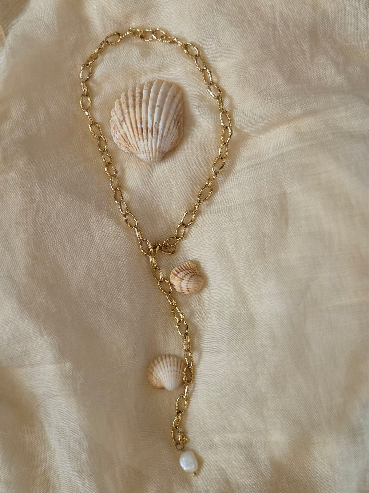Gold Sandy Textured Chunky Chain Pearl Pendant Lariat Necklace-0