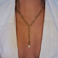 Gold Sandy Textured Chunky Chain Pearl Pendant Lariat Necklace-1