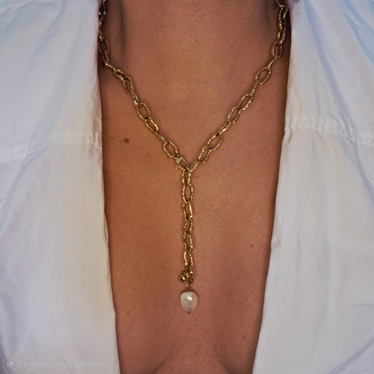 Gold Sandy Textured Chunky Chain Pearl Pendant Lariat Necklace-1
