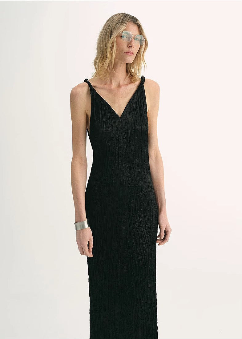 EASTMAN Ice Gloss Acetate Three-Dimensional Wave Drape Pleated V-Neck Suspender Dress-0