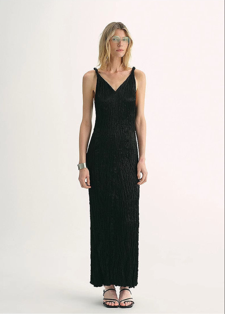 EASTMAN Ice Gloss Acetate Three-Dimensional Wave Drape Pleated V-Neck Suspender Dress-4