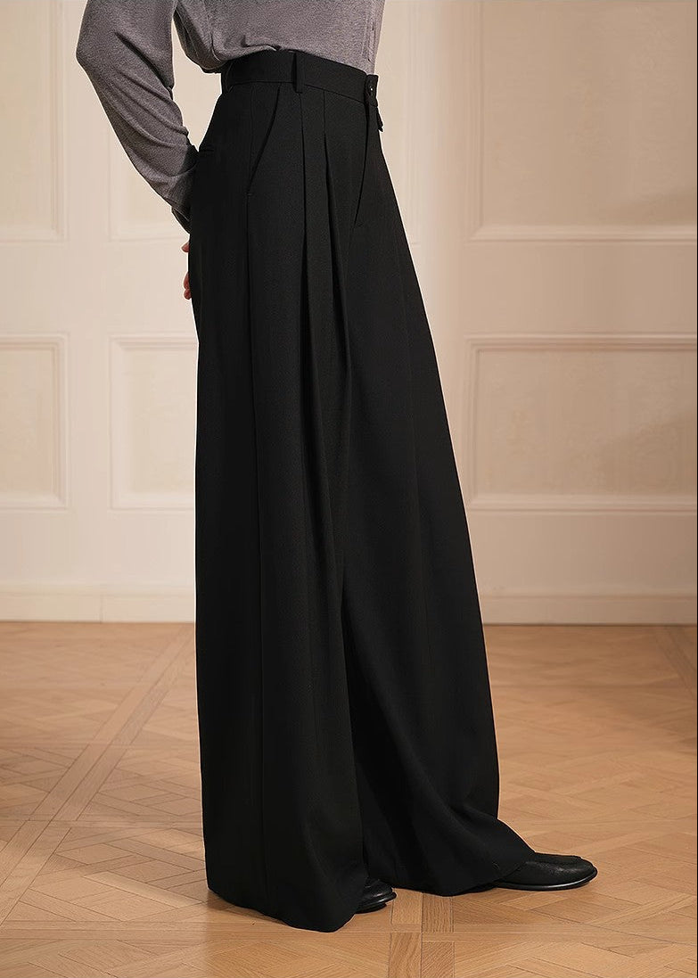 Merino wool blended double pleated wide-leg pants for women, versatile, drapey and comfortable casual trousers-4