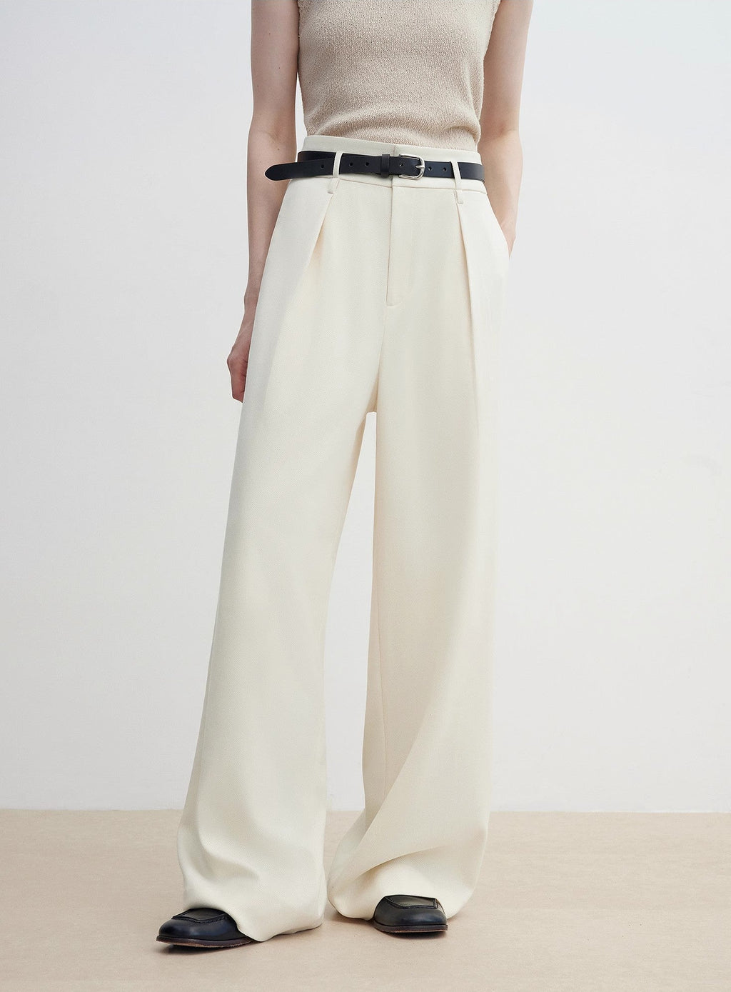 Women's white straight casual wide waist drape floor-length wide leg pants-1