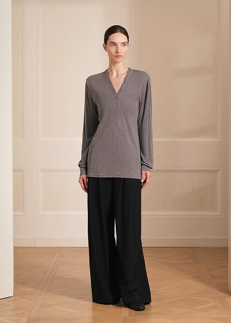 Merino wool blended double pleated wide-leg pants for women, versatile, drapey and comfortable casual trousers-0