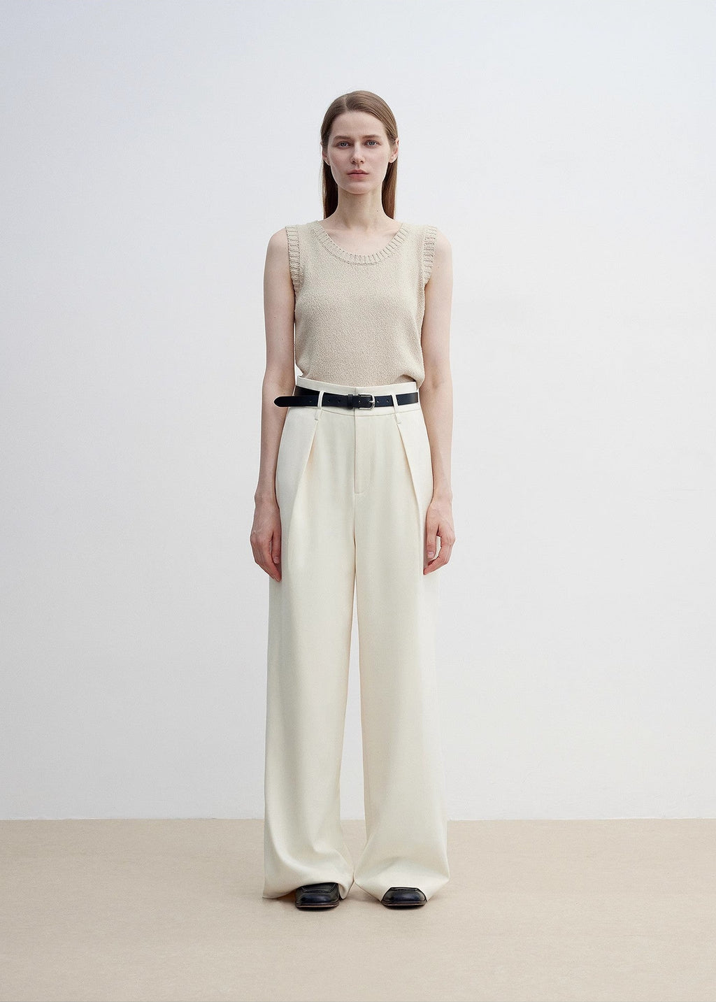 Women's white straight casual wide waist drape floor-length wide leg pants-0