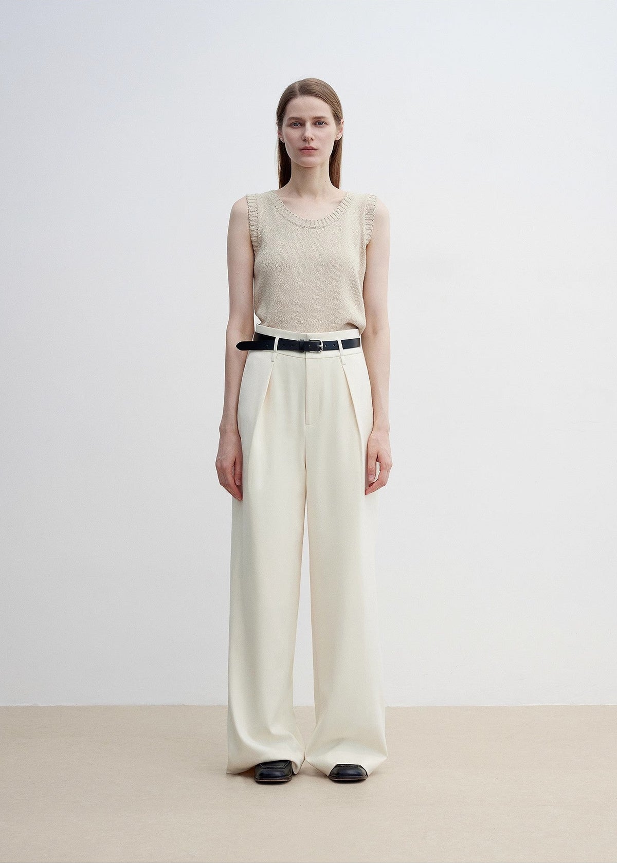 Women's white straight casual wide waist drape floor-length wide leg pants-0
