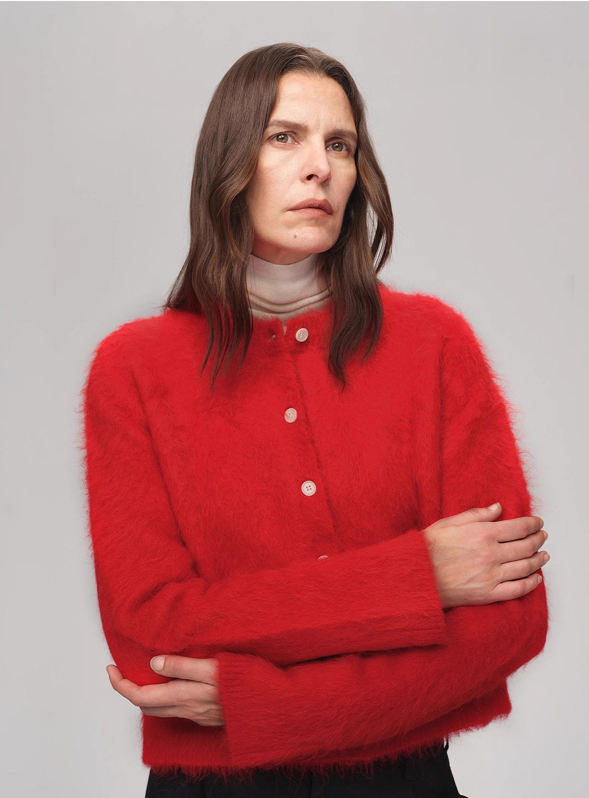 Albaca Alpaca Brushed Round Neck Straight Cardigan Women's Sweater-1
