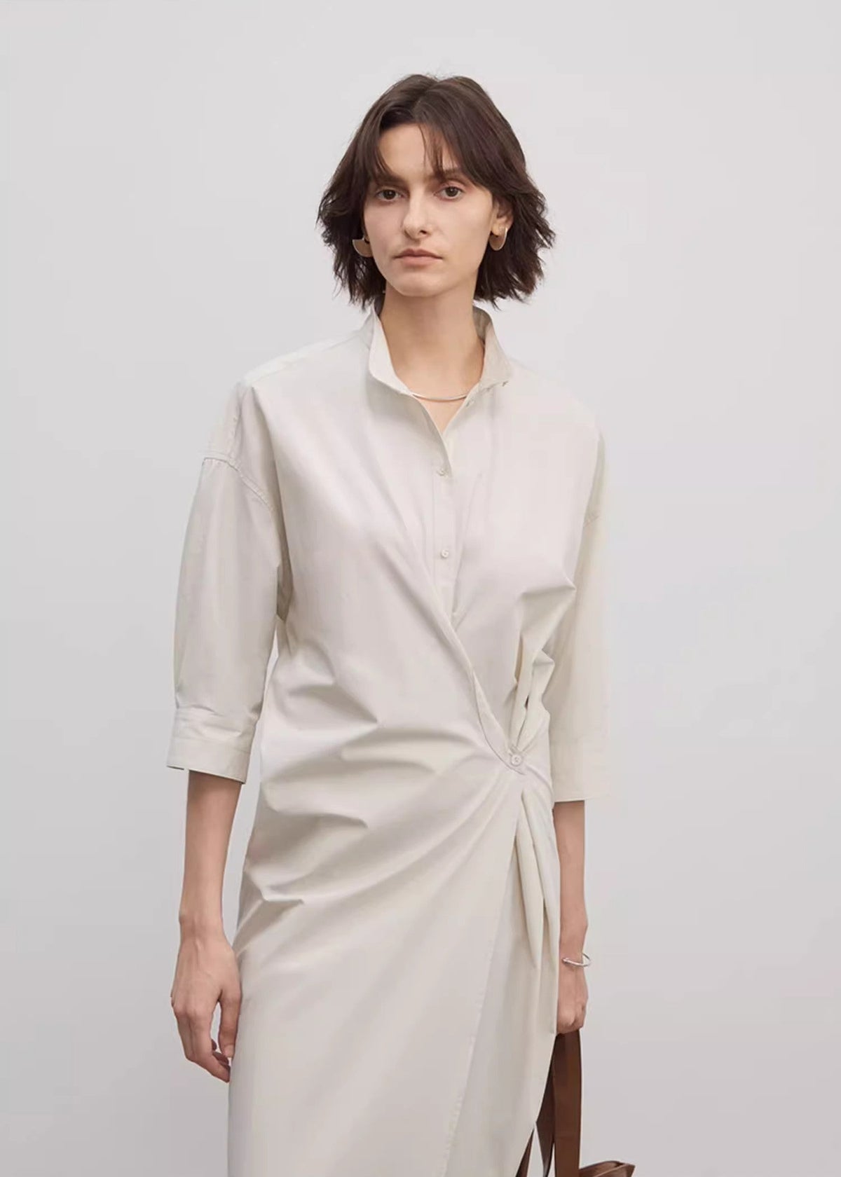 "Origami Narrative" Stand Collar Wrap Dress Women's Mid Sleeve Shirt Dress Long Dress-4