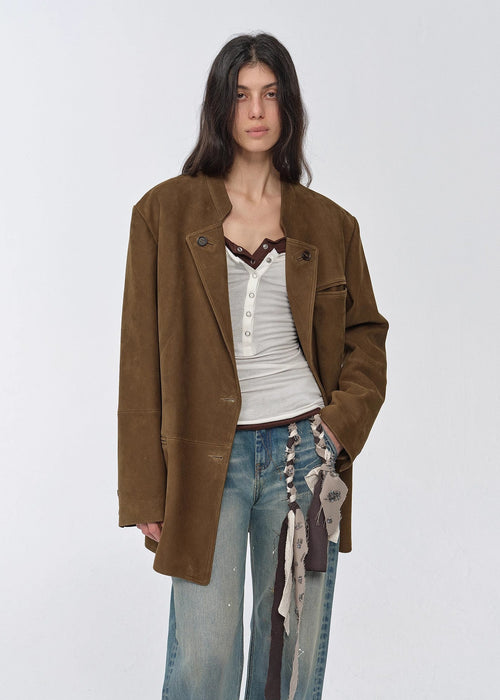 "Bavaria" vintage suede/waxy goatskin leather mid-length suit jacket-1