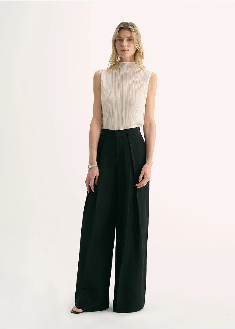 Silk Linen Pleated Wide Leg A-Line Trousers Casual Pants-0