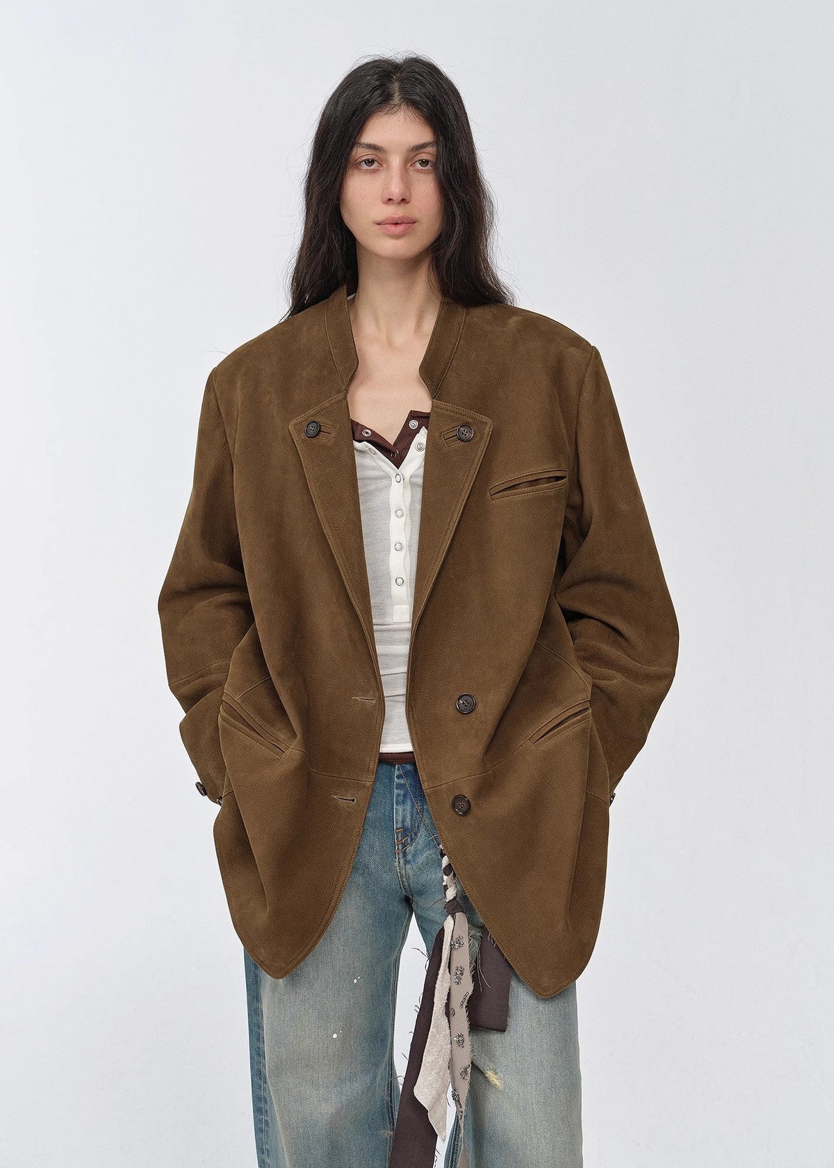 "Bavaria" vintage suede/waxy goatskin leather mid-length suit jacket-4