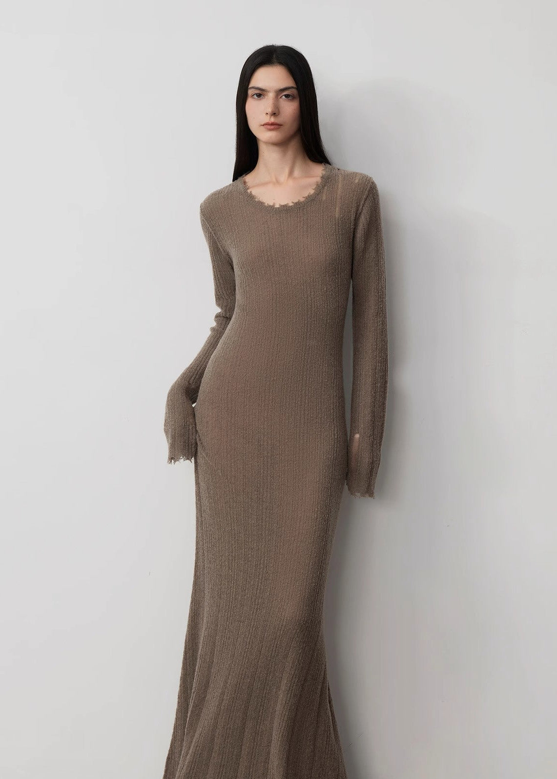 Wool looped yarn raw edge ripped and drapey long dress with a slim fit-1