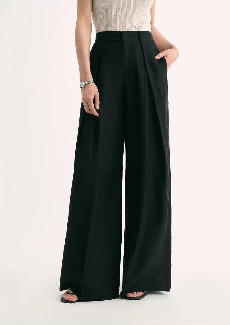 Silk Linen Pleated Wide Leg A-Line Trousers Casual Pants-1