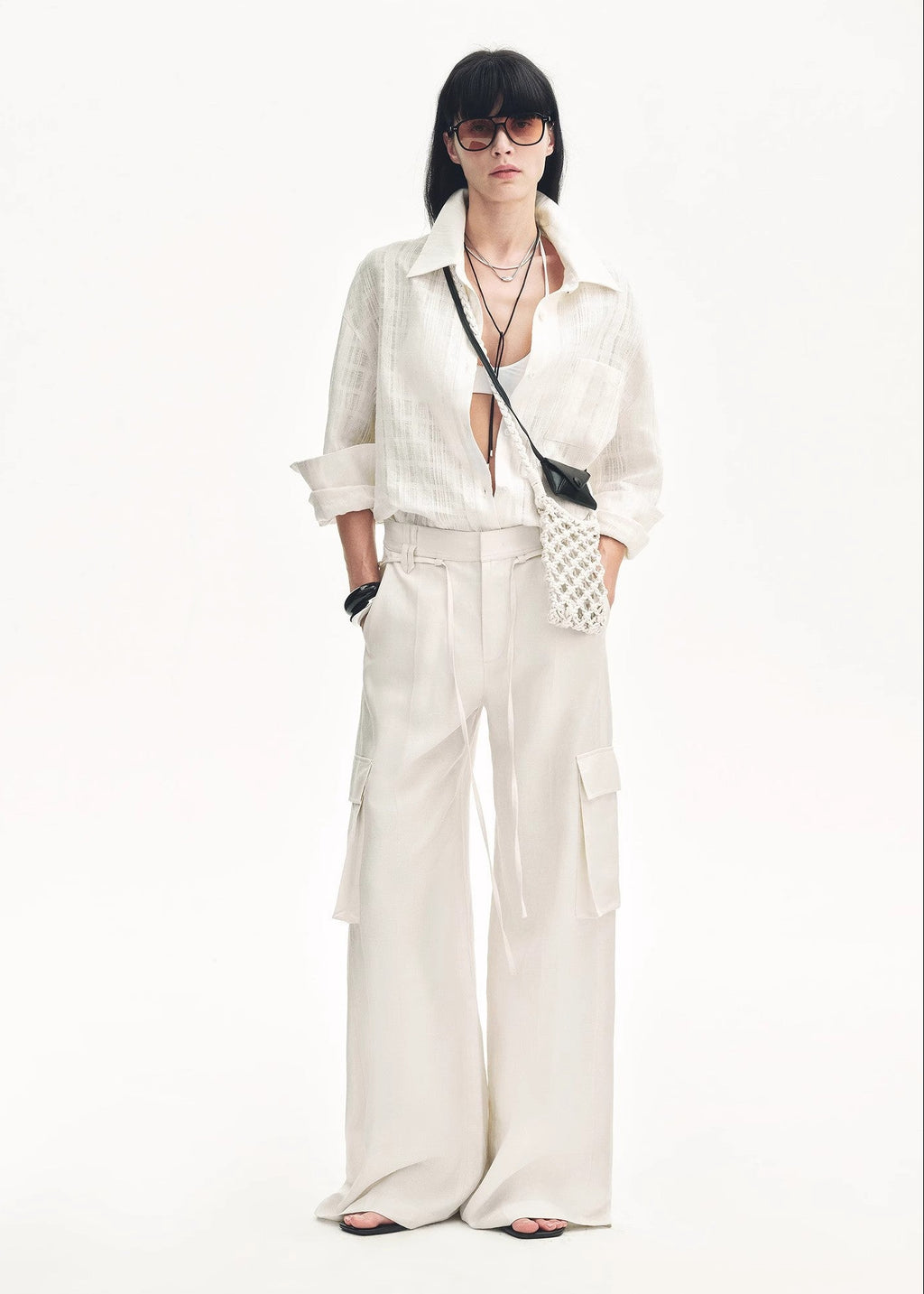 "Rhythm in the Same Frequency" Tencel linen workwear style wide-leg casual pants-0