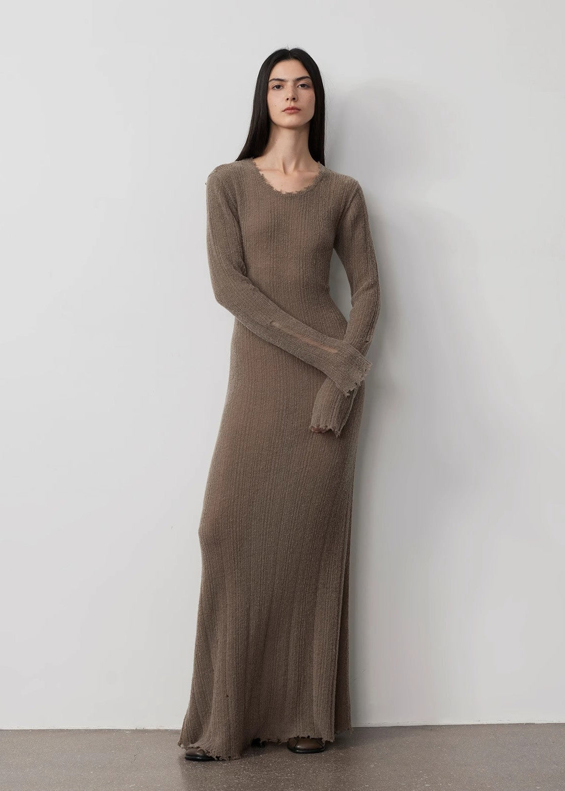 Wool looped yarn raw edge ripped and drapey long dress with a slim fit-0