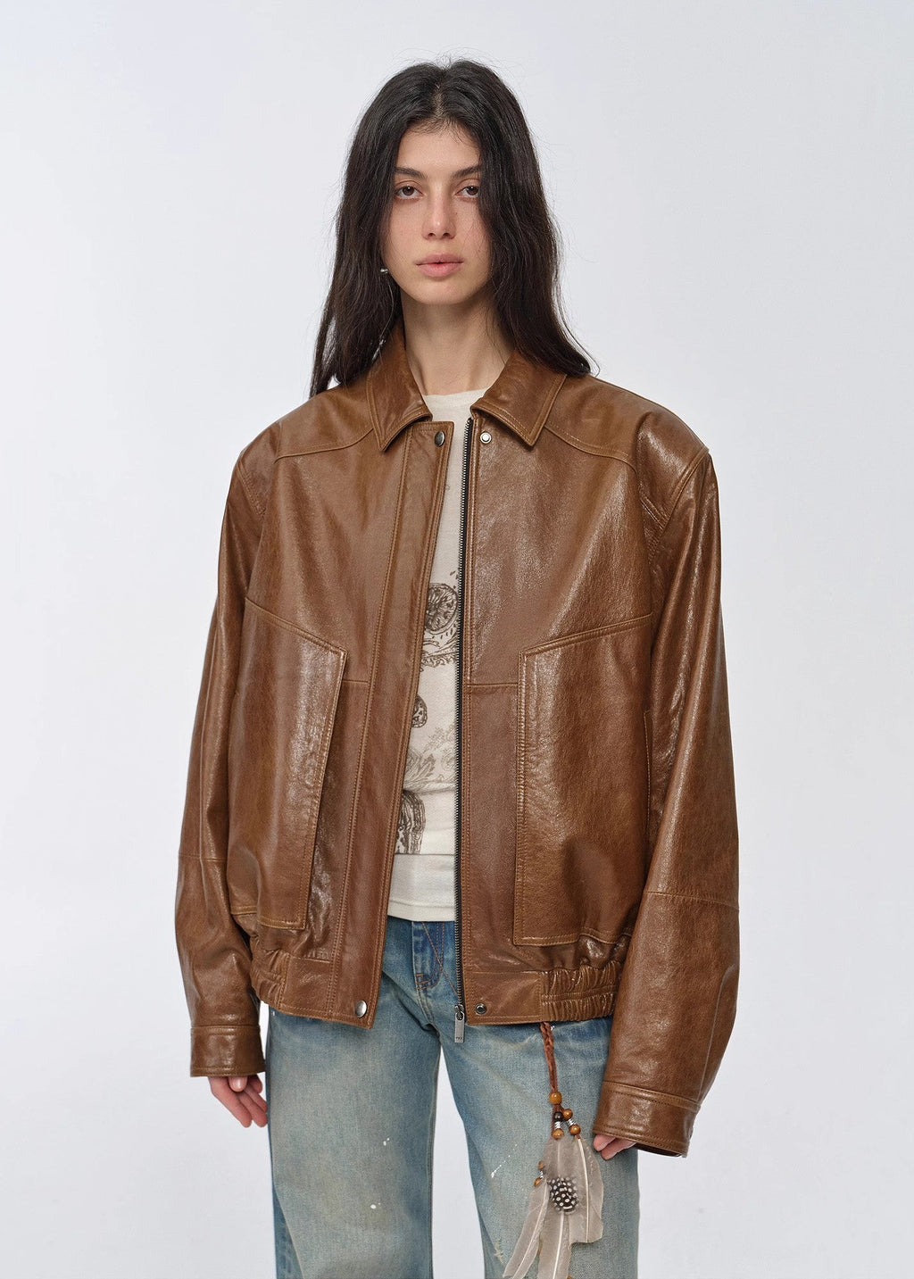 "Fashionable Luke" imported waxed sheep leather retro work jacket coat for women-4