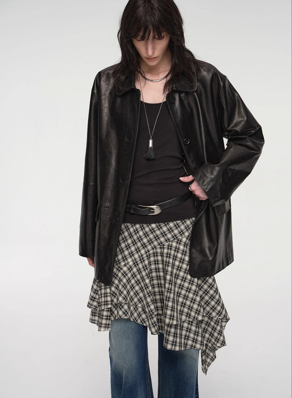 "Fashionable Kuoxi" goatskin simple and versatile retro suit-style leather windbreaker jacket-1