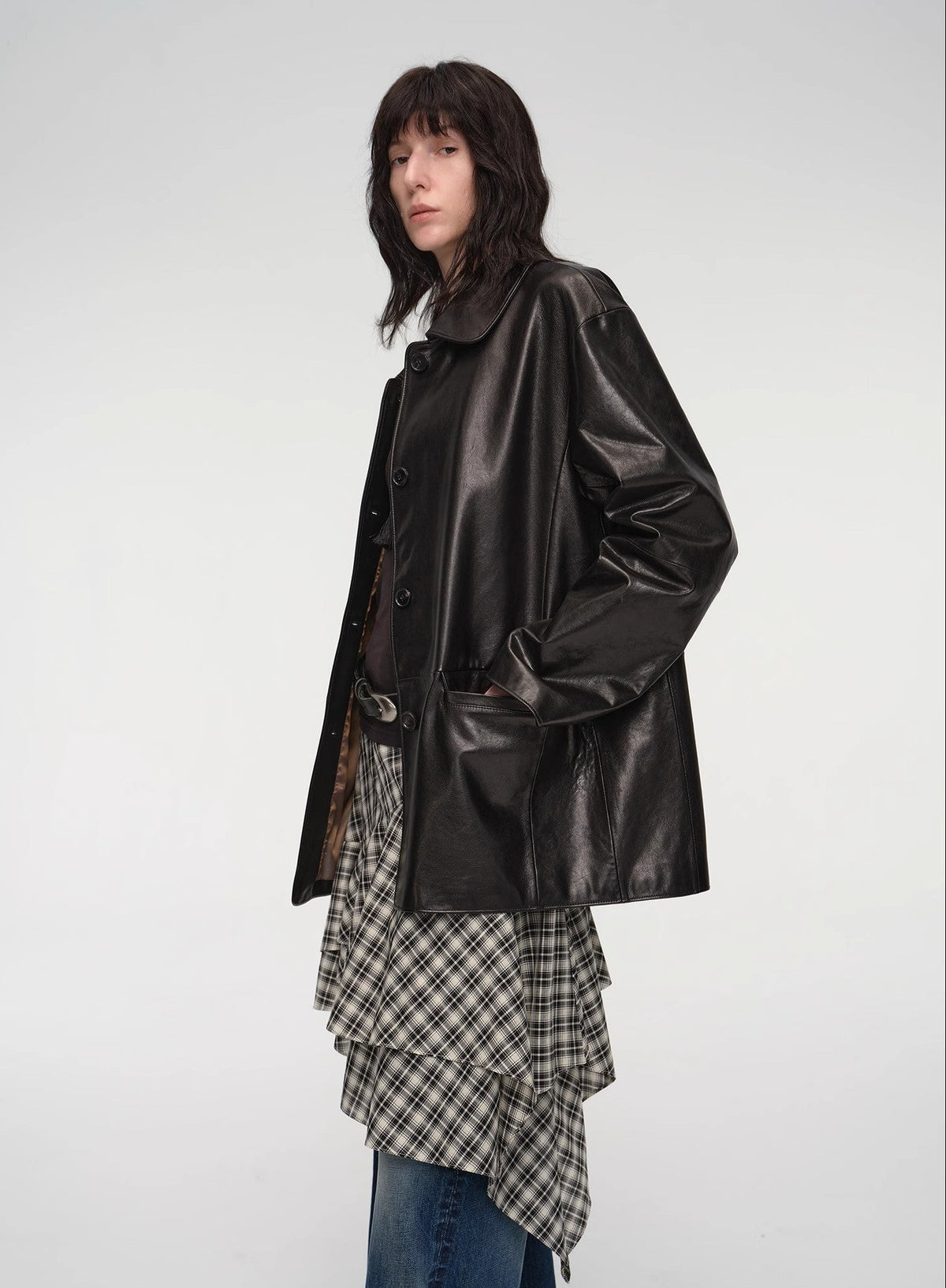 "Fashionable Kuoxi" goatskin simple and versatile retro suit-style leather windbreaker jacket-4