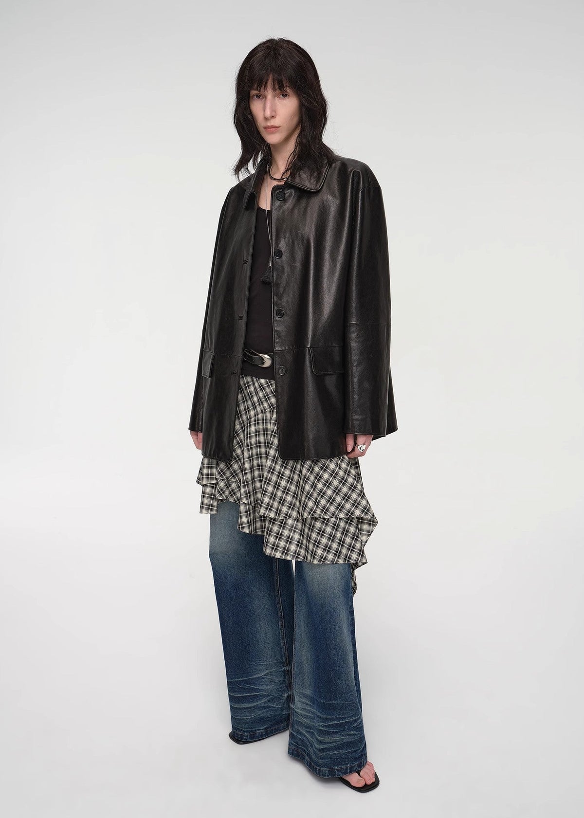 "Fashionable Kuoxi" goatskin simple and versatile retro suit-style leather windbreaker jacket-0
