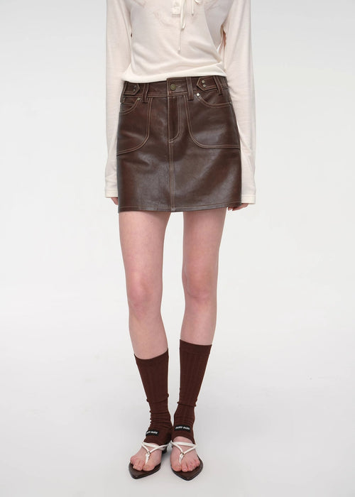 "Houston Street" New Zealand imported sheep leather vintage A-line short skirt-1