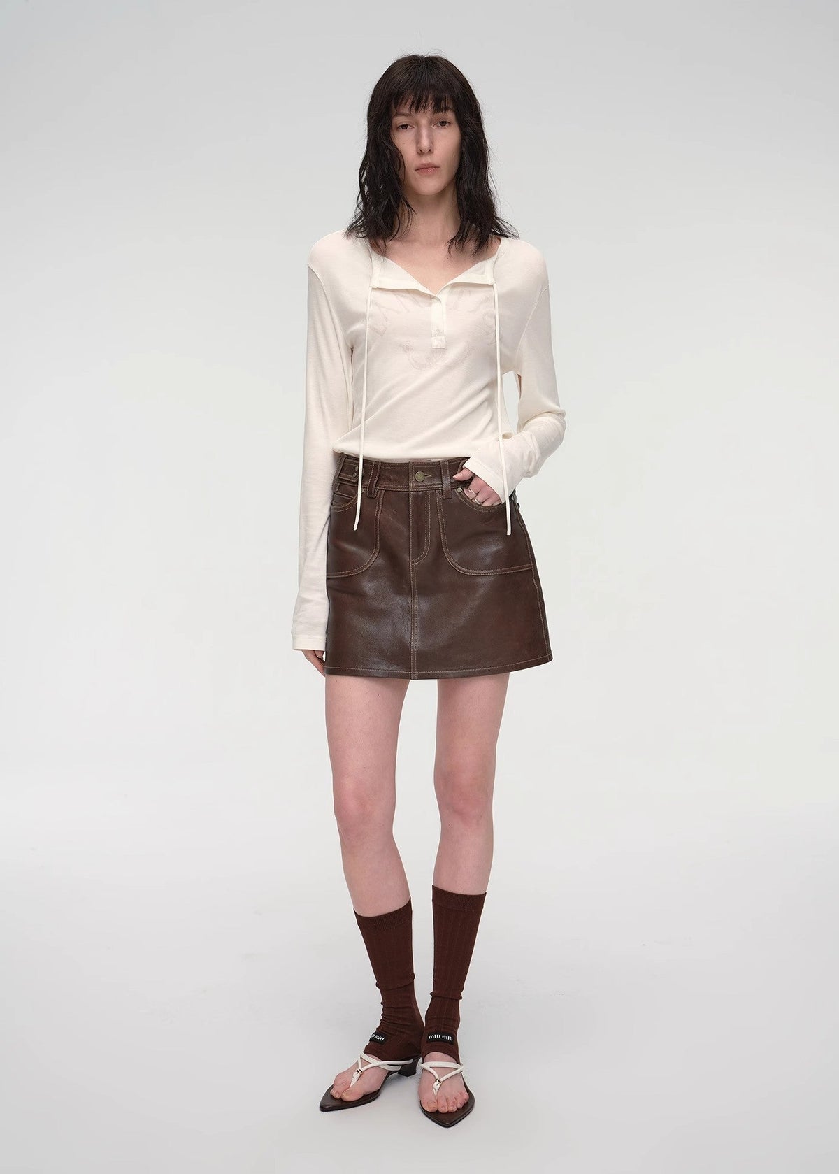 "Houston Street" New Zealand imported sheep leather vintage A-line short skirt-4
