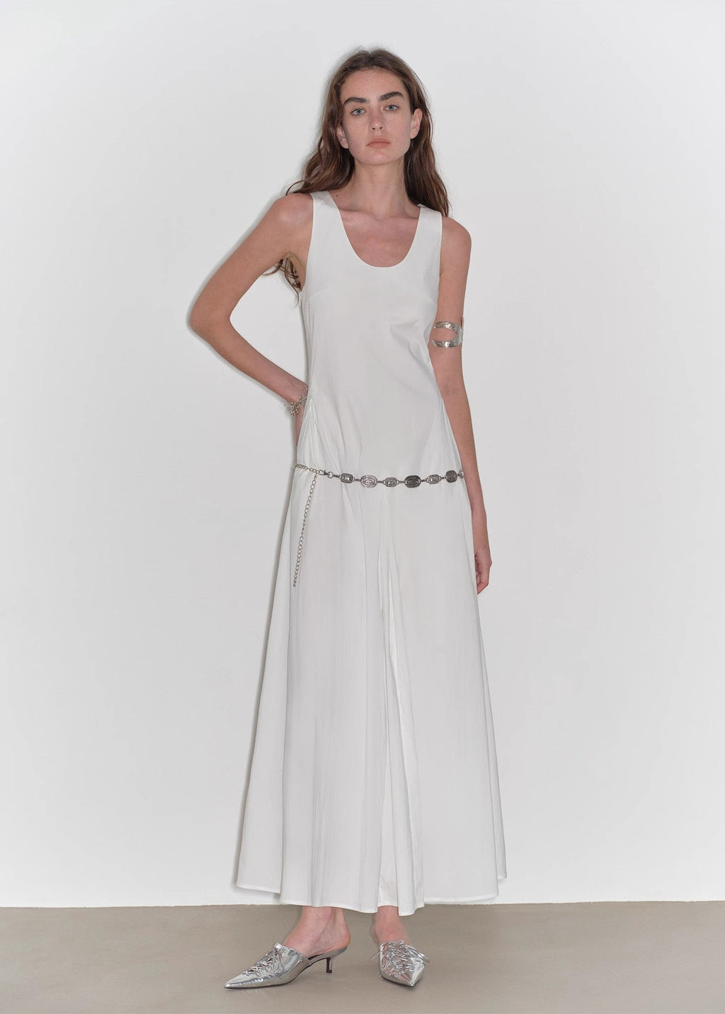 "Lake Bled" Simple and slim texture U-neck A-line slim fit vest dress-0