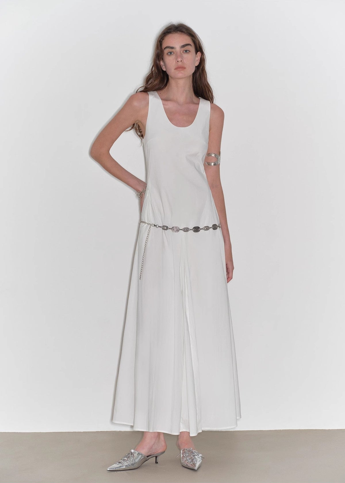 "Lake Bled" Simple and slim texture U-neck A-line slim fit vest dress-0