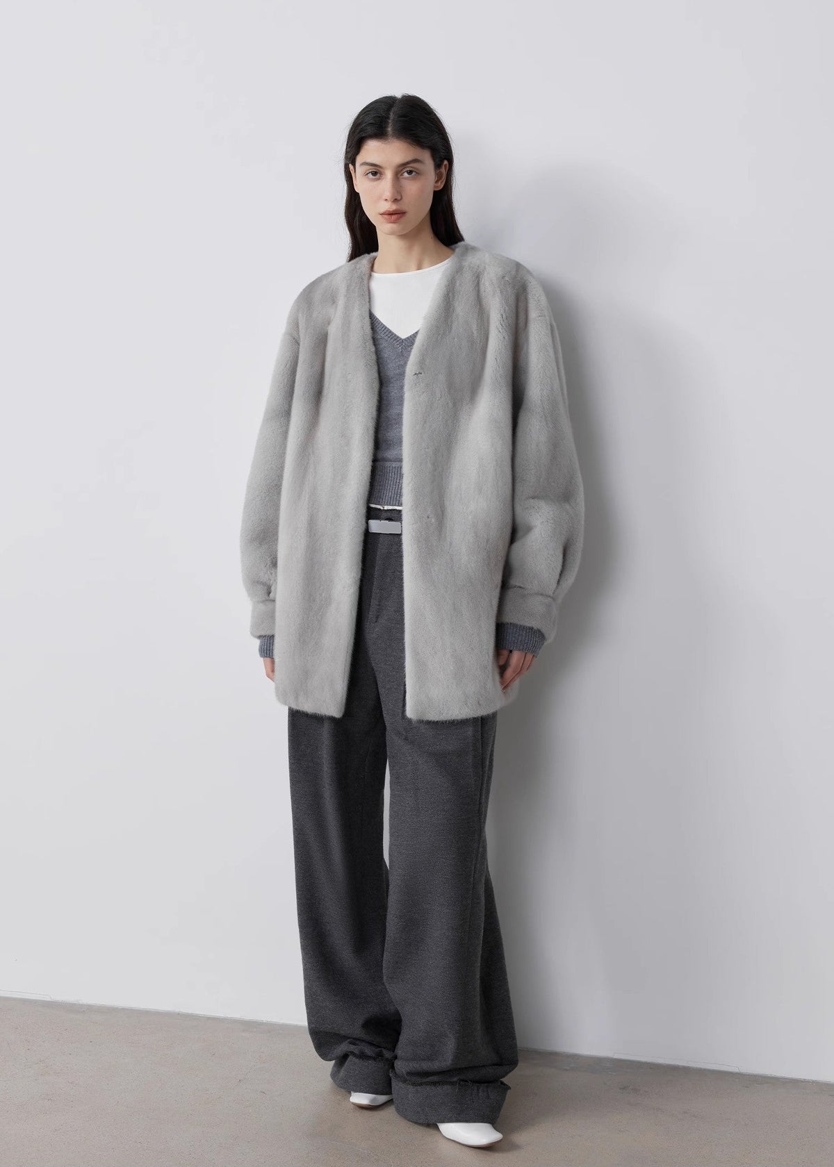 "Commuting Rules" Worsted Wool Blend Waistless Raw Edge Wide Leg Pants Slimming Scimitar Casual Pants-4