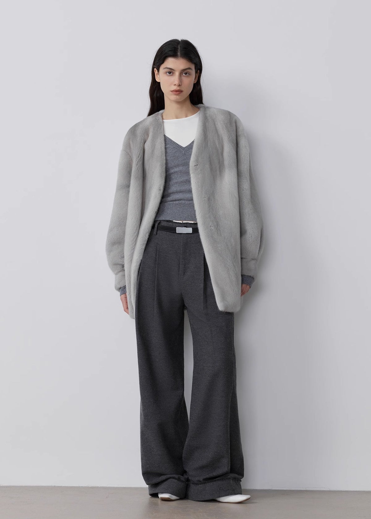 "Commuting Rules" Worsted Wool Blend Waistless Raw Edge Wide Leg Pants Slimming Scimitar Casual Pants-0