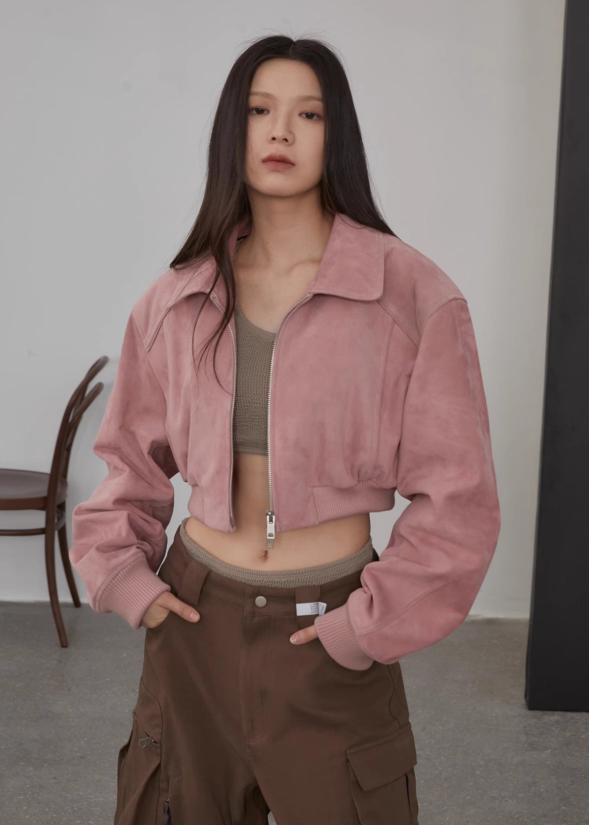 "Witch Game" Retro  Classic Stand Up Sheep Leather Short Jacket-4