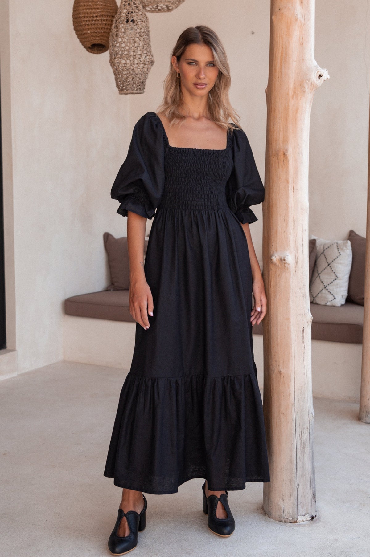 Almeria Smocked Midi Linen Dress-8