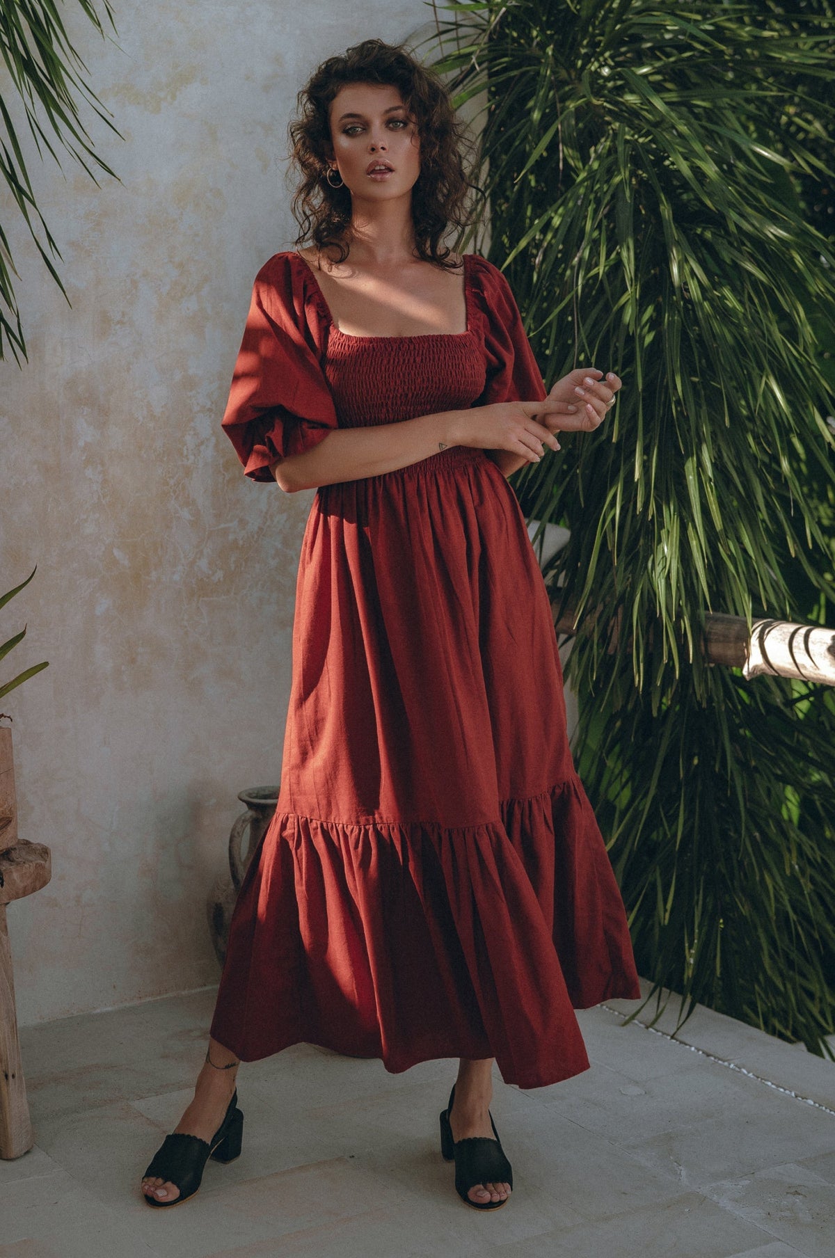 Almeria Smocked Midi Linen Dress-6
