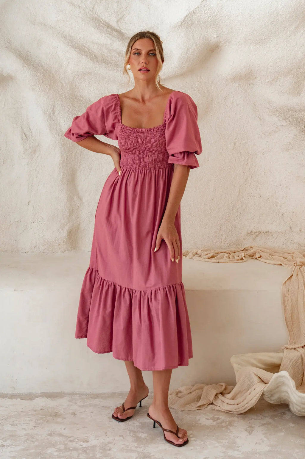 Almeria Smocked Midi Linen Dress-0