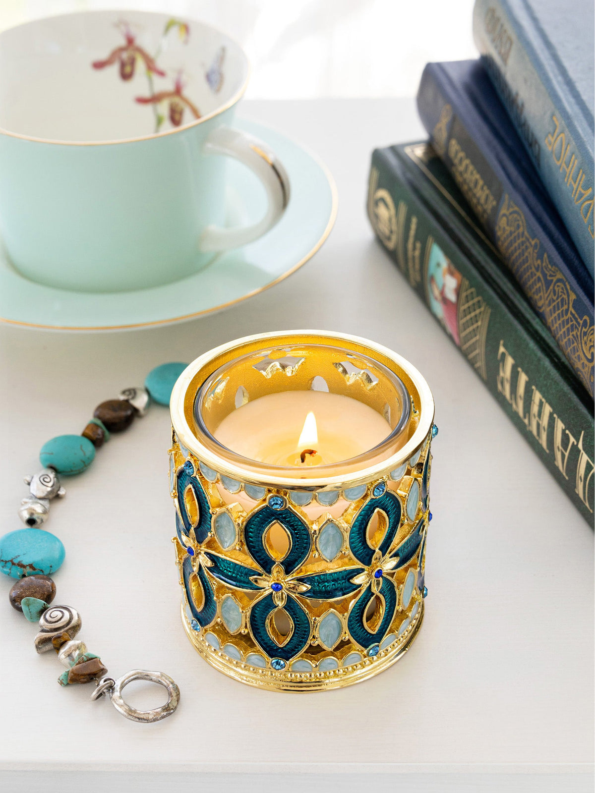 Golden Blue Decorated Candle Holder-4