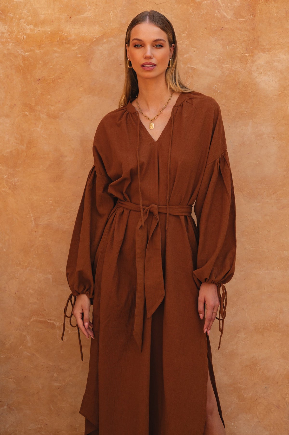 Denise Long Sleeve Linen Kimono Dress-0