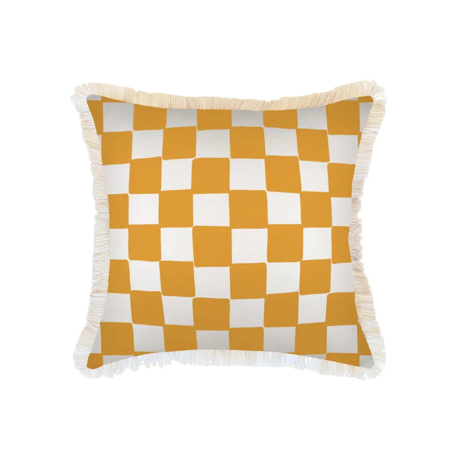 Cushion Cover-Coastal Fringe-Check Yellow White-60cm x 60cm-0