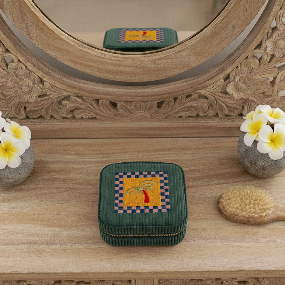Small Corduroy Jewellery Box-Teal Check Palm-2