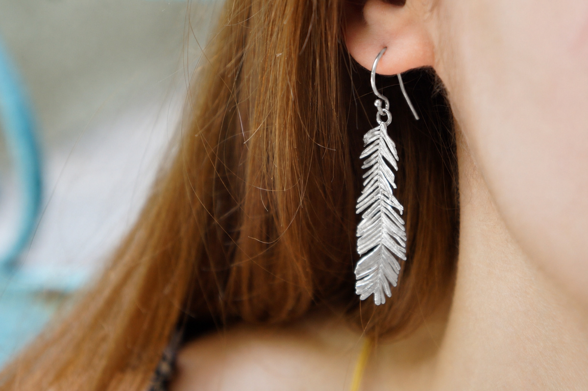 Mimosa Leaf Earrings: Handmade Nature Jewelry (Recycled Brass, 14k Gold)