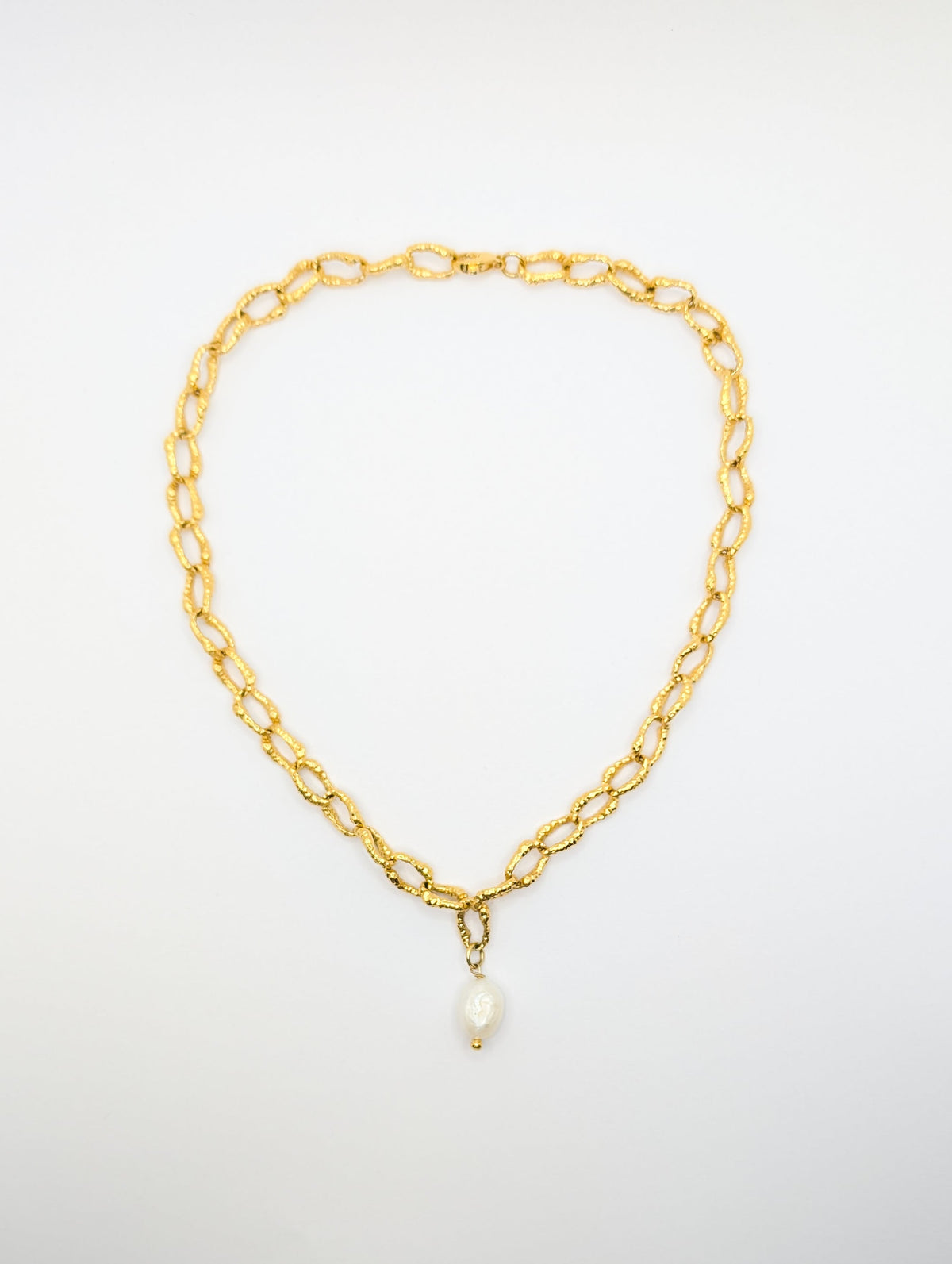 Gold Sandy Textured Chunky Chain Pearl Pendant Necklace-2