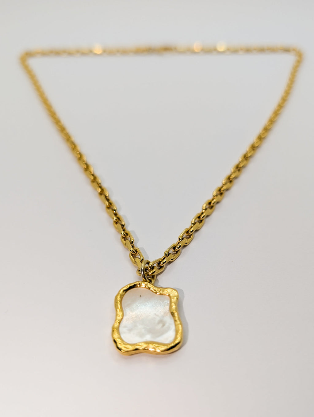 Gold Shelly Mother of Pearl Textured Bezel Necklace-2