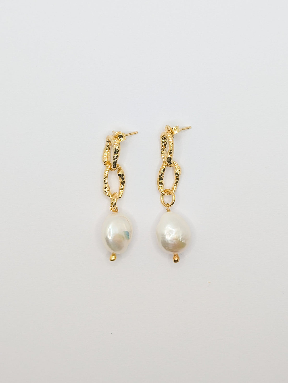Gold Sandy Textured Chunky Chain Pearl Drop Earrings-2