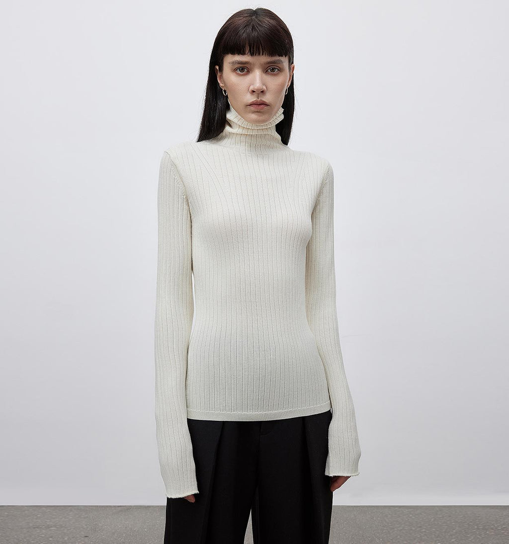 "Moonlight Essence" Machine Washable 48S Wool Pile Collar Bottoming Shirt Slim Fit Inner Knitted Sweater for Women-0