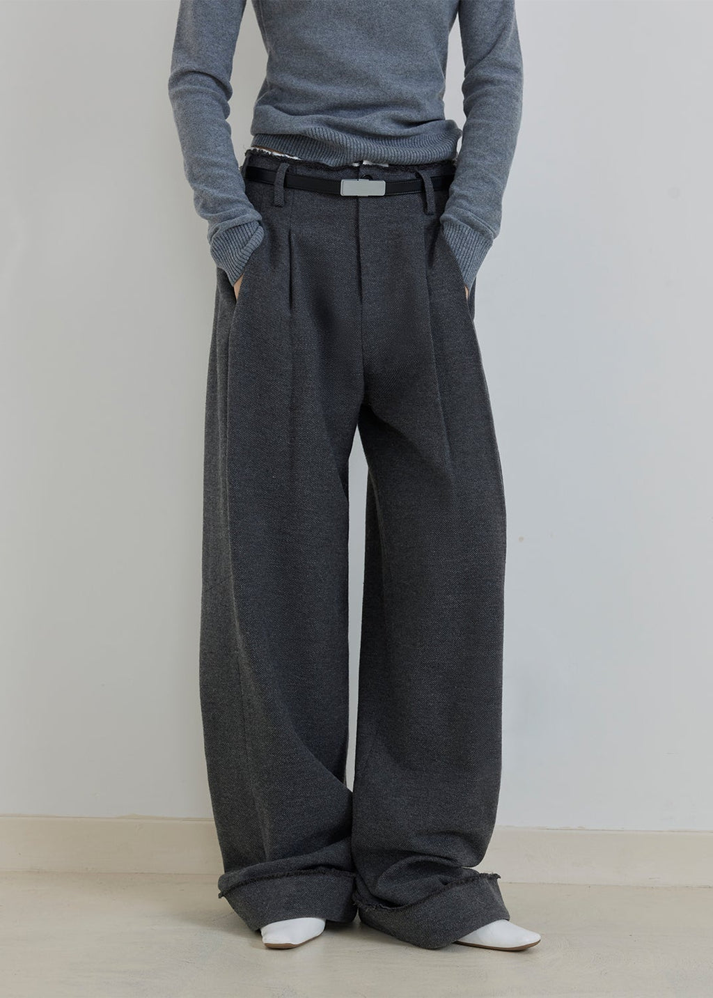 "Commuting Rules" Worsted Wool Blend Waistless Raw Edge Wide Leg Pants Slimming Scimitar Casual Pants-1