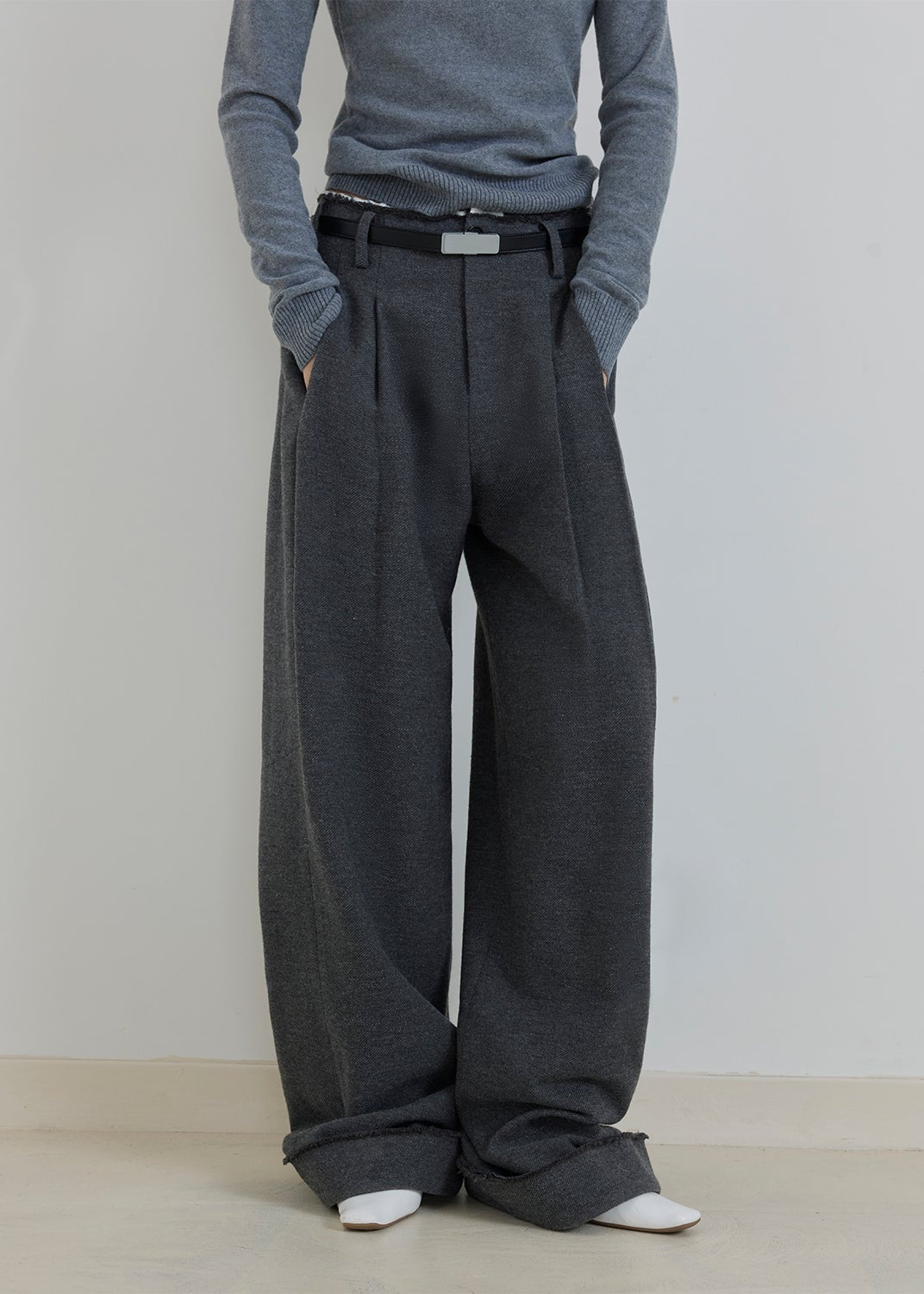 "Commuting Rules" Worsted Wool Blend Waistless Raw Edge Wide Leg Pants Slimming Scimitar Casual Pants-1