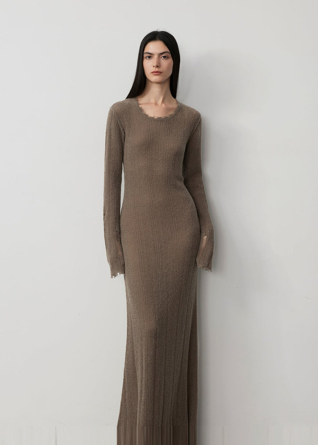 Wool looped yarn raw edge ripped and drapey long dress with a slim fit-4